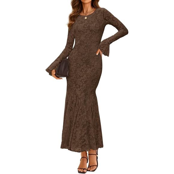 Womens Mocha Brown Mesh Floral Embroidered Boho Bell Sleeve Mermaid Maxi Dress M - Picture 1 of 5